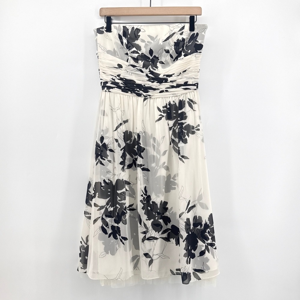 Ann Taylor 100% Silk Strapless Floral Dress 6 Ivory Black Cocktail Midi Pleated - Picture 2 of 11